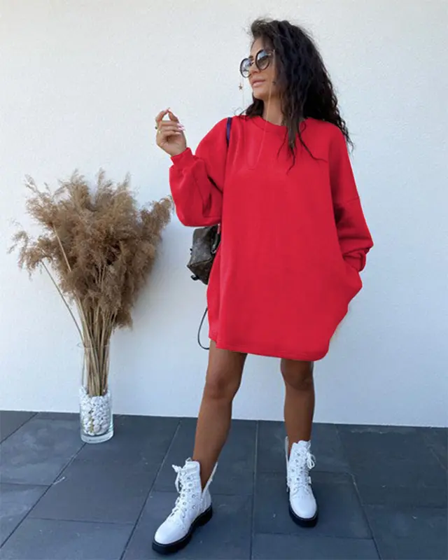 Round Neck Long Sleeve Pullover Loose Sweater Dress Red - Shop at LoveMi