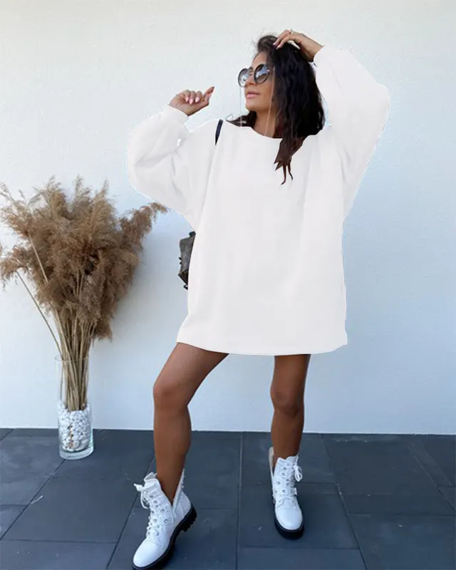 Round Neck Long Sleeve Pullover Loose Sweater Dress White - Shop at LoveMi