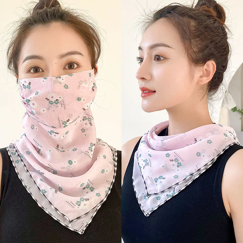 Protection Face Mask Silk Scarf Women'S Dual-Use Summer Thin Earrings Bib Set Neck Scarf - G