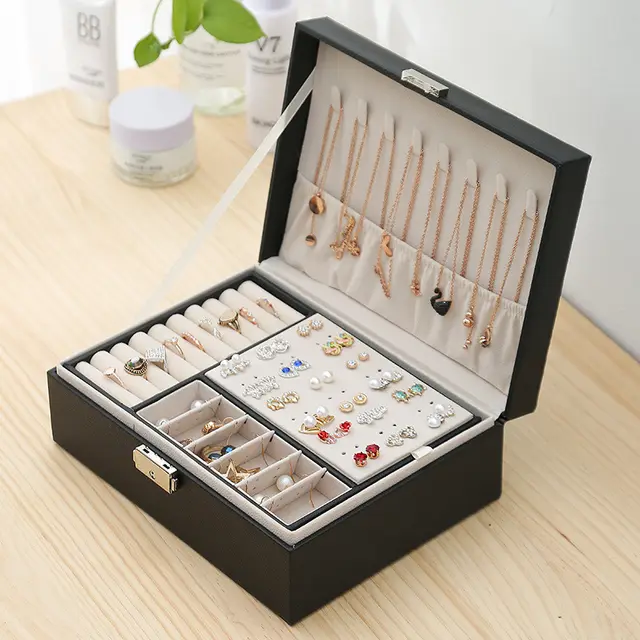 Double Layer Leather Jewelry Storage Box Multifunctional Jewelry Box Customized Black - Shop at LoveMi