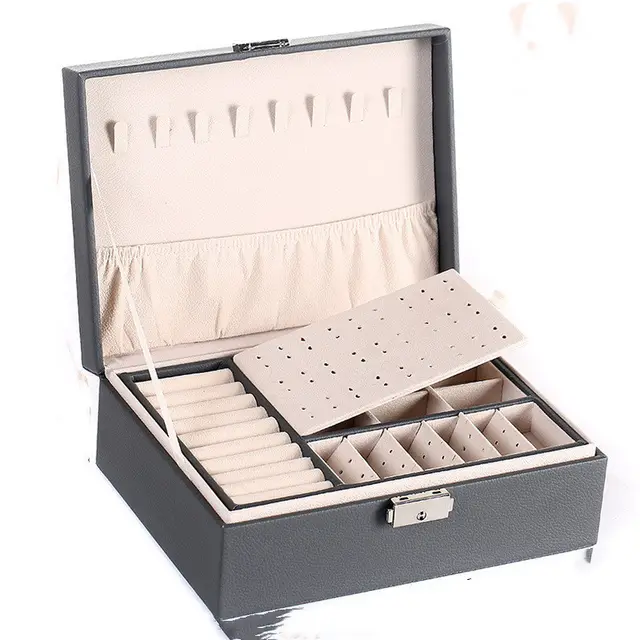 Double Layer Leather Jewelry Storage Box Multifunctional Jewelry Box Customized Gray - Shop at LoveMi