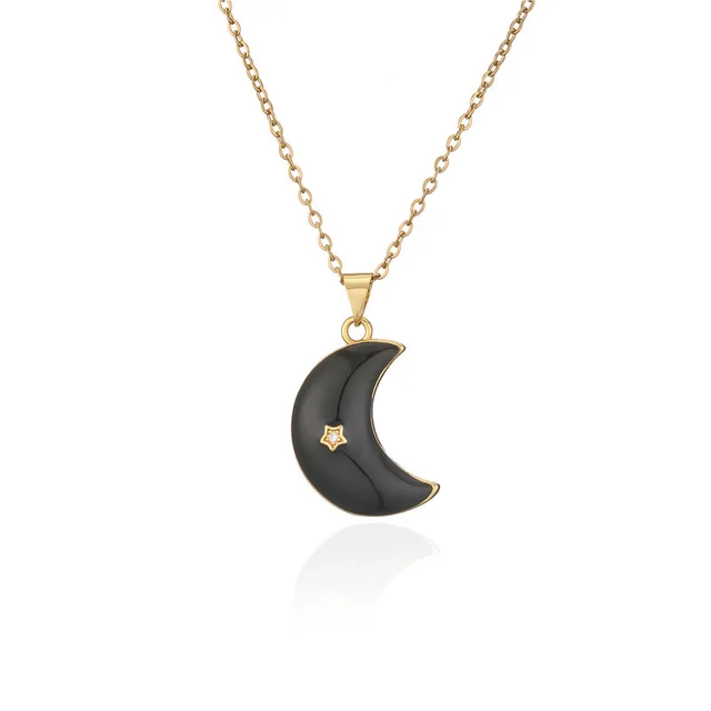 Cross border Hot selling Fashion Dripping Oil Moon Star Pendant Necklace Female 4 Colors Optional Color Preservation Plating Black - Shop at LoveMi