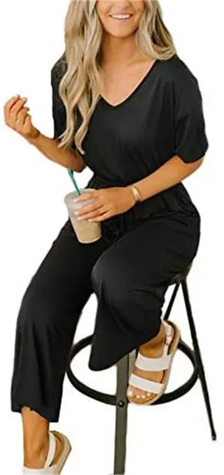 Casual Short-sleeved Women's V-neck Wide-leg Jumpsuit - Black