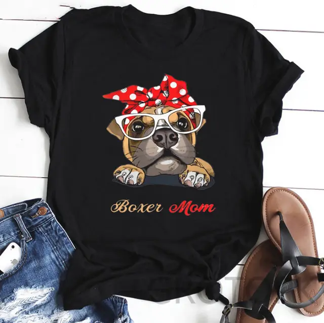Women's Dog Mom Dog Print Round Neck Short Sleeve T Shirt Black 2 - Shop at LoveMi