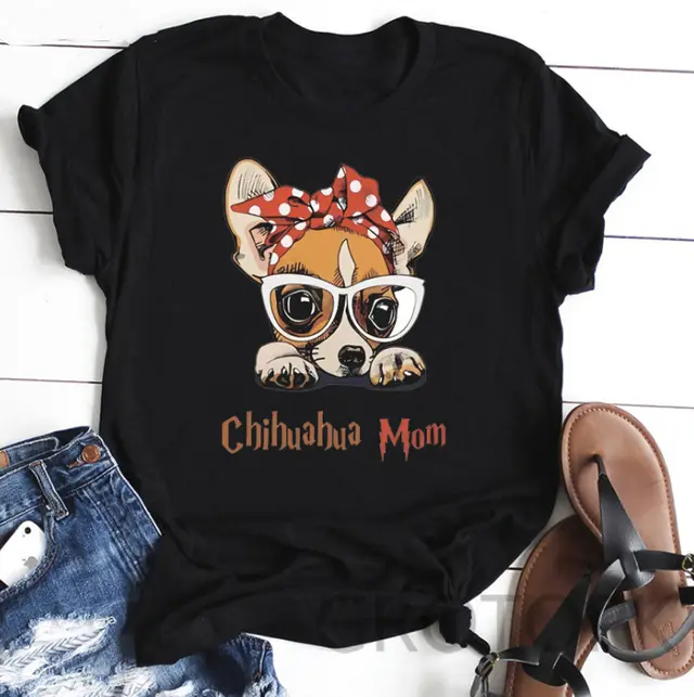 Women's Dog Mom Dog Print Round Neck Short Sleeve T Shirt Black 4 - Shop at LoveMi