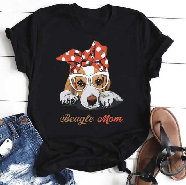 Women's Dog Mom Dog Print Round Neck Short Sleeve T Shirt Black - Shop at LoveMi
