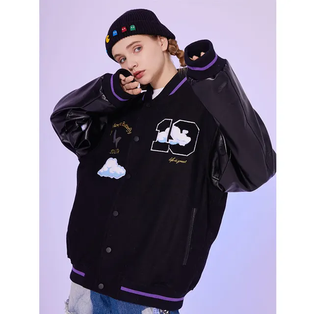 Women's White Cloud Stitching Baseball Uniform Woolen Jacket Black - Shop at LoveMi