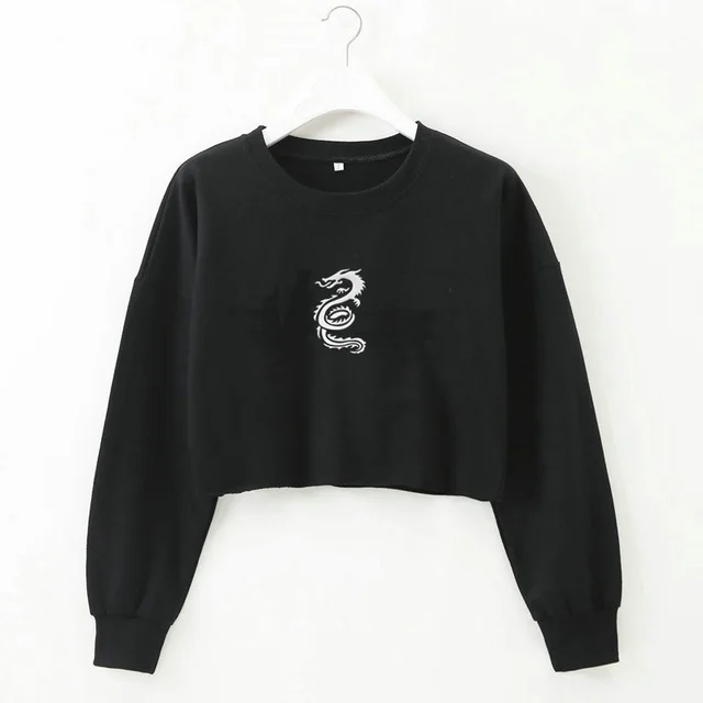 Winter New Tops Dragon Totem Print Cropped Short Long Sleeved Sweater Black - Shop at LoveMi