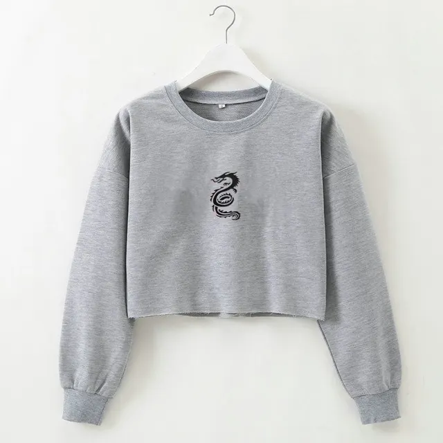 Winter New Tops Dragon Totem Print Cropped Short Long Sleeved Sweater Grey - Shop at LoveMi