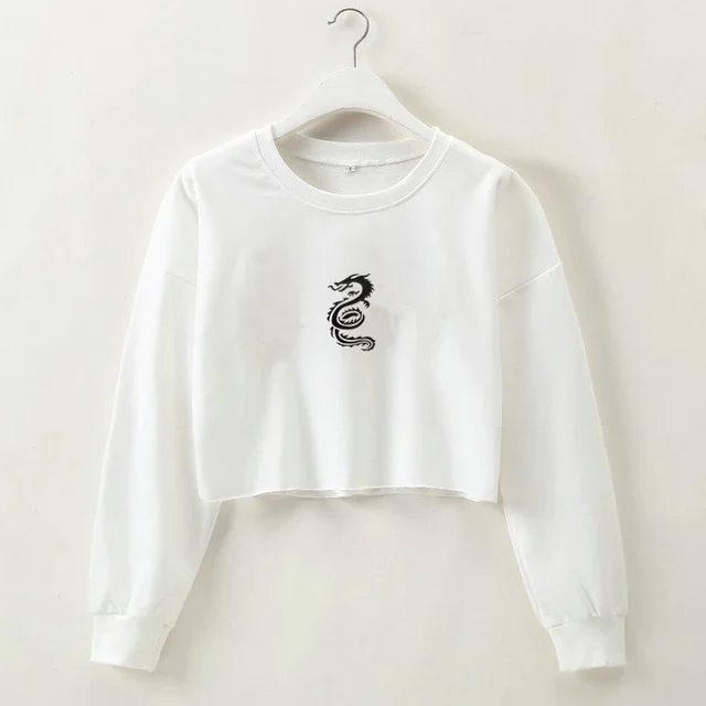 Winter New Tops Dragon Totem Print Cropped Short Long Sleeved Sweater White - Shop at LoveMi