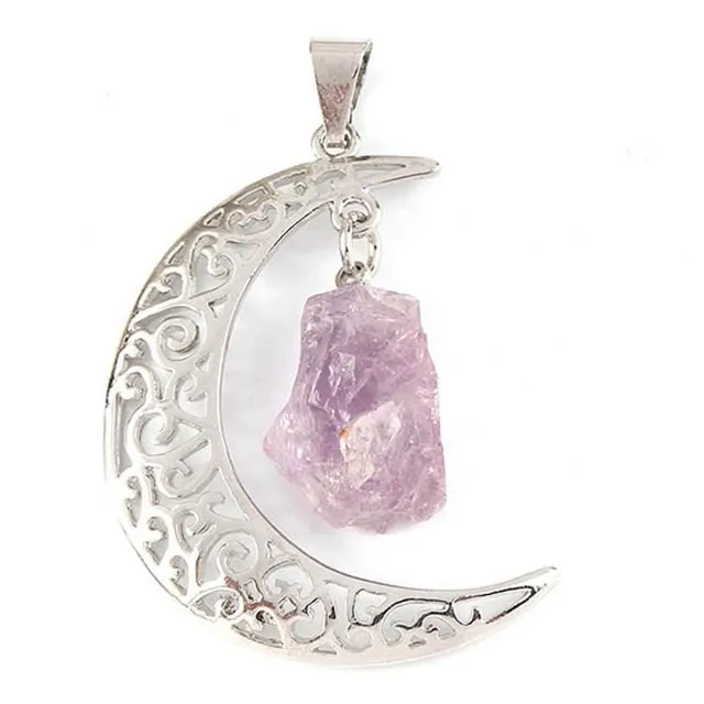 Natural Crystal Indeterminate Crescent Shape, Moon And Stars Pendant Necklace, European And American Fashion Jewelry Purple - Shop at LoveMi