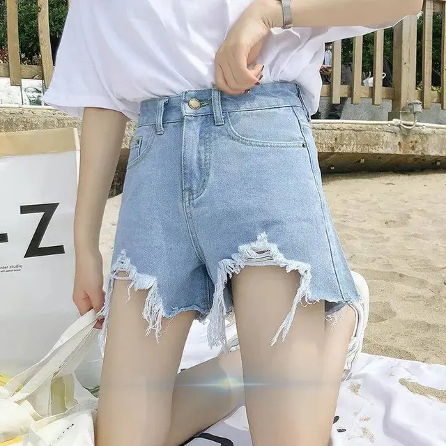 Summer New Denim High Waist Korean Shorts Women Loose Holes Chic Tassel A Word Wide Leg Hot Pants Trend Light Blue - Shop at LoveMi