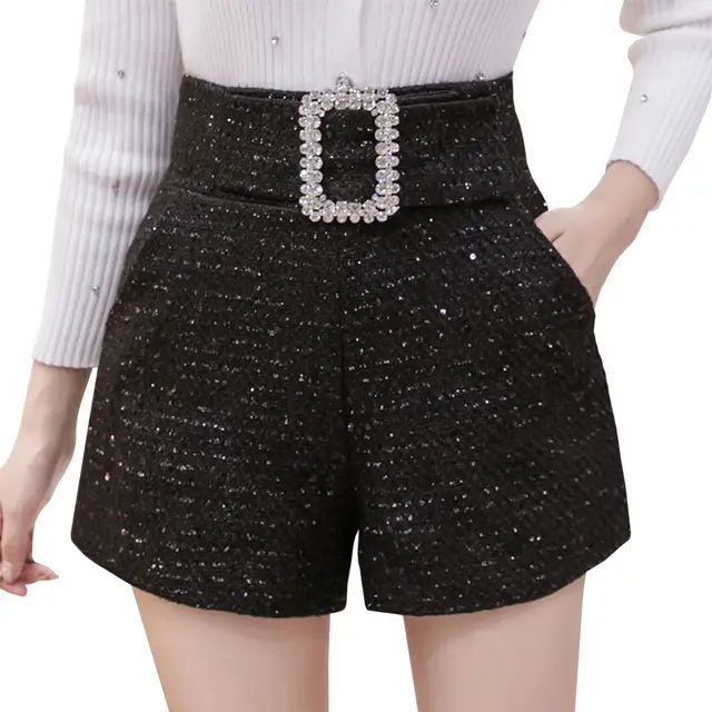 Thin And Versatile High waisted A line Wide leg Loose Small Fragrant Shorts Black - Shop at LoveMi