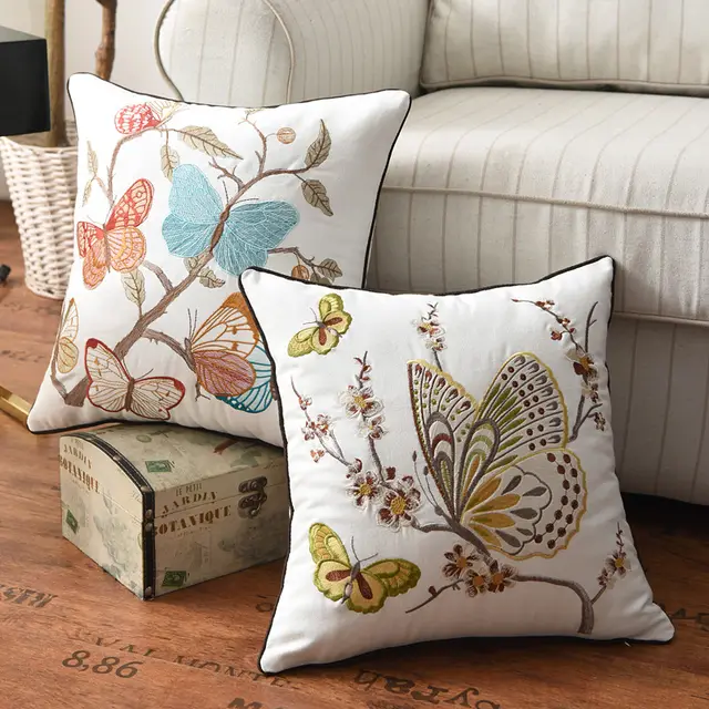 Flower, Bird And Butterfly Three dimensional Embroidery Cushion Cover Without Core Default - Shop at LoveMi