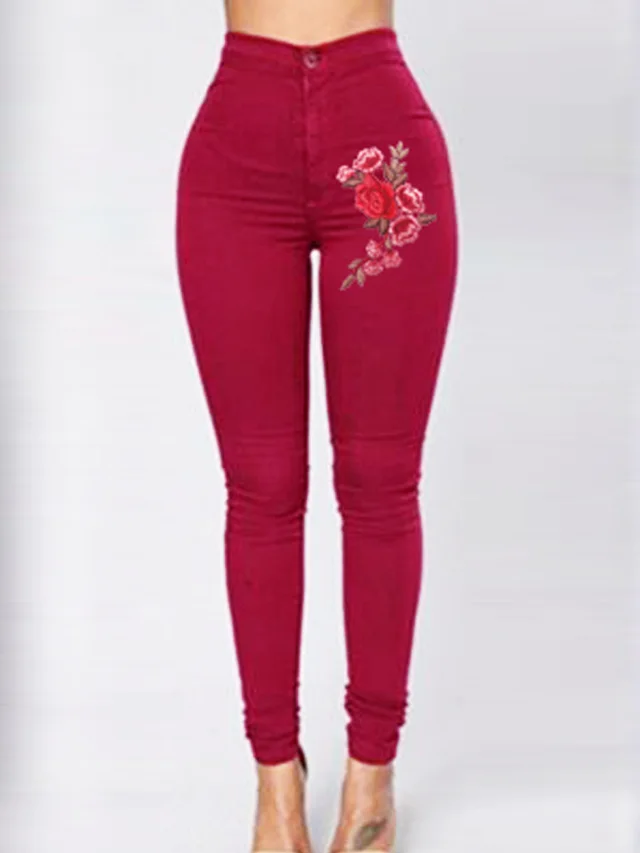 Summer Hot Style Women's Color Embroidered Stretch Jeans Women Red Wine - Shop at LoveMi