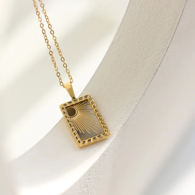 European And American Cross Border Net Red Radiation Square Sun Moon Pendant Necklace Titanium Steel Gold Plated Square Necklace Sweater Chain Gold - Shop at LoveMi
