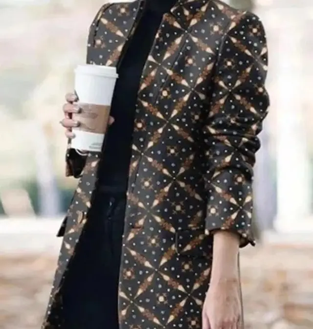 Trade Women'S Clothing New Long Sleeved Stand Collar Coat Printed Woolen Coat Black - Shop at LoveMi