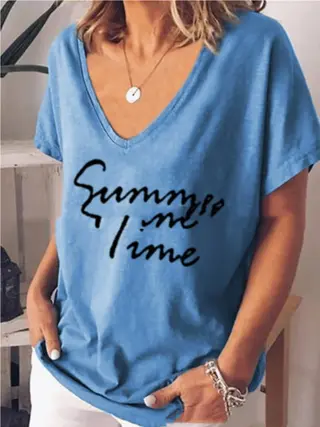 Ladies Fashion Short Sleeve V-Neck Letter Print Top T Shirt - Blue