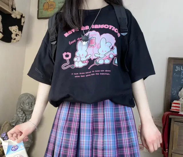 Injecting Rabbit Cute Soft Sister Print T Shirt Women Black - Shop at LoveMi