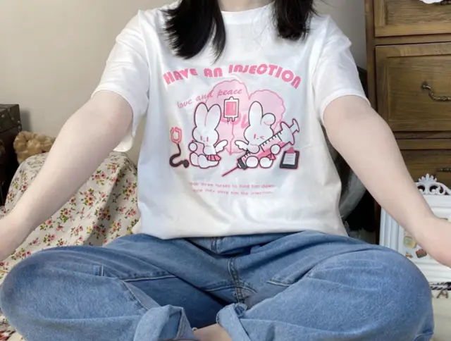 Injecting Rabbit Cute Soft Sister Print T Shirt Women White - Shop at LoveMi