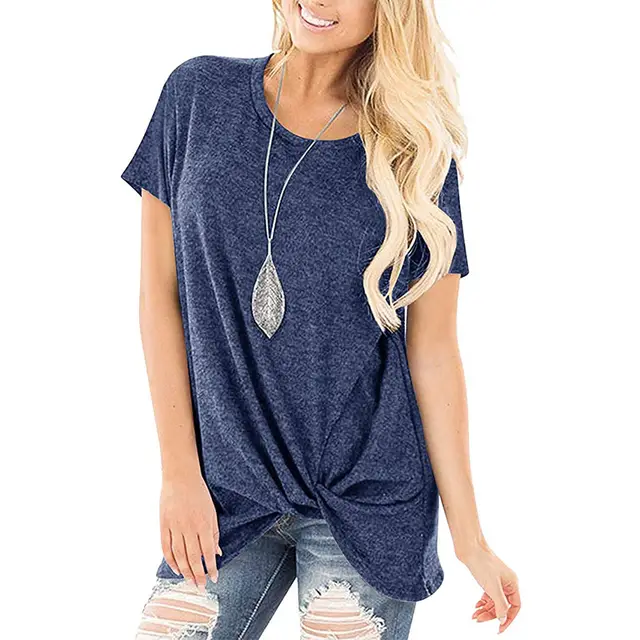 Pure Color Twist Casual Round Neck Short Sleeves Navy Blue - Shop at LoveMi