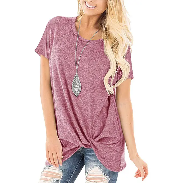 Pure Color Twist Casual Round Neck Short Sleeves Pink - Shop at LoveMi