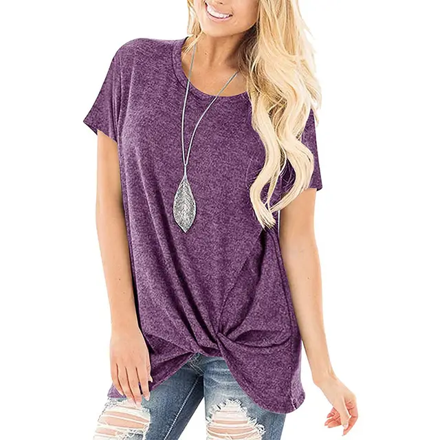 Pure Color Twist Casual Round Neck Short Sleeves Purple - Shop at LoveMi