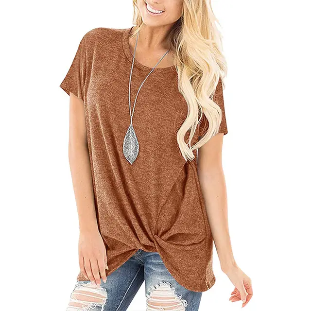 Pure Color Twist Casual Round Neck Short Sleeves Tan - Shop at LoveMi