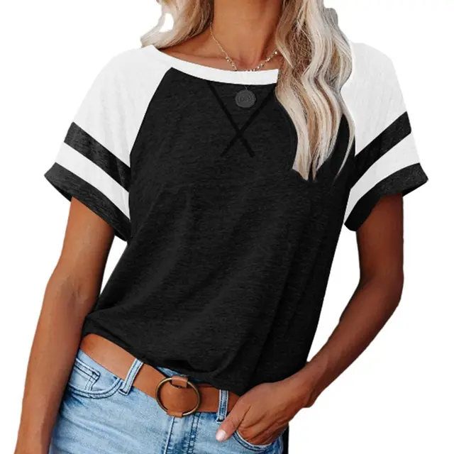 Colorblock Cross Loose Short Sleeve Casual T Shirt Blacka - Shop at LoveMi
