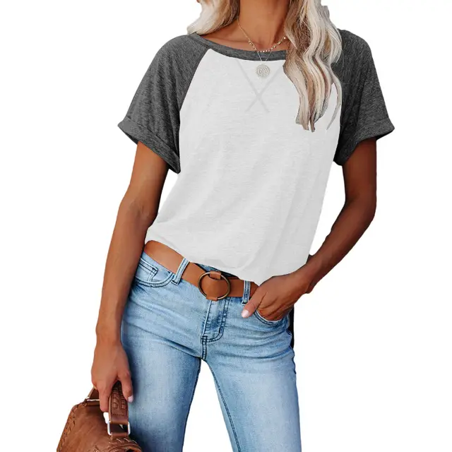 Colorblock Cross Loose Short Sleeve Casual T Shirt Navy Sleeves With Light Gray - Shop at LoveMi