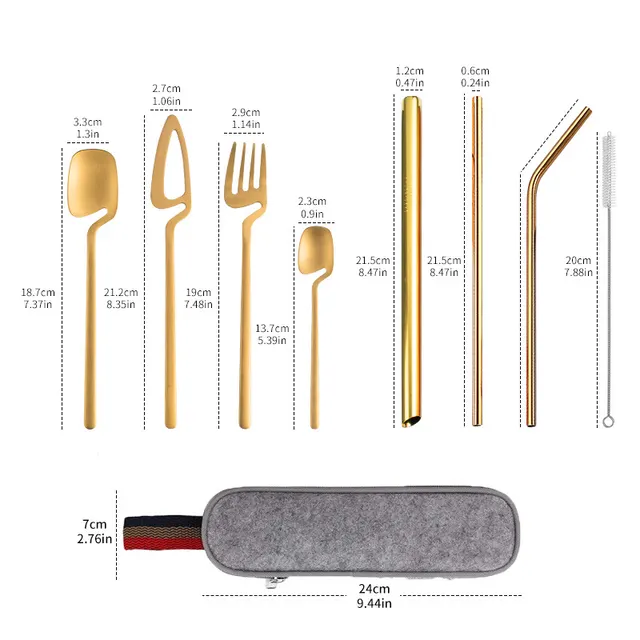 Stainless Steel Straw Combination Knife, Fork And Spoon Outdoor Travel Camping Portable Tableware Set Gold - Shop at LoveMi