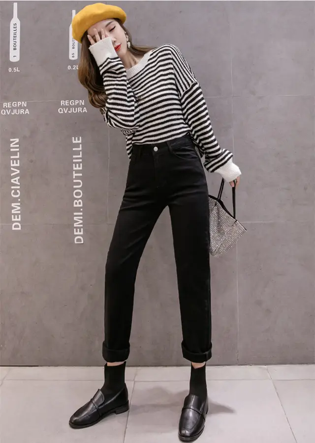 Korean Version Of Solid Color High Waist Slim Casual Straight Cropped Trousers Black - Shop at LoveMi