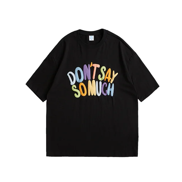 Xinjiang Cotton Foam Printed Color Letters Loose Short Sleeve T shirt Black - Shop at LoveMi