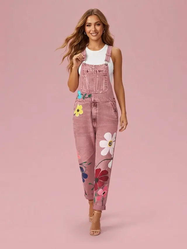 Printed Denim Strap Overalls Pink - Shop at LoveMi