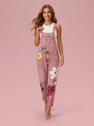 Printed Denim Strap Overalls