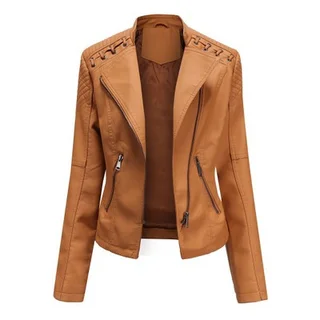 Women's Leather Jackets Women's Short Jackets Slim Thin Leather Jackets Ladies Motorcycle Suits - Camel