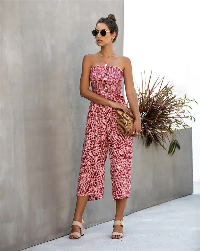 Off Shoulder Printed Romper Cotton Women Jumpsuit Red - Shop at LoveMi