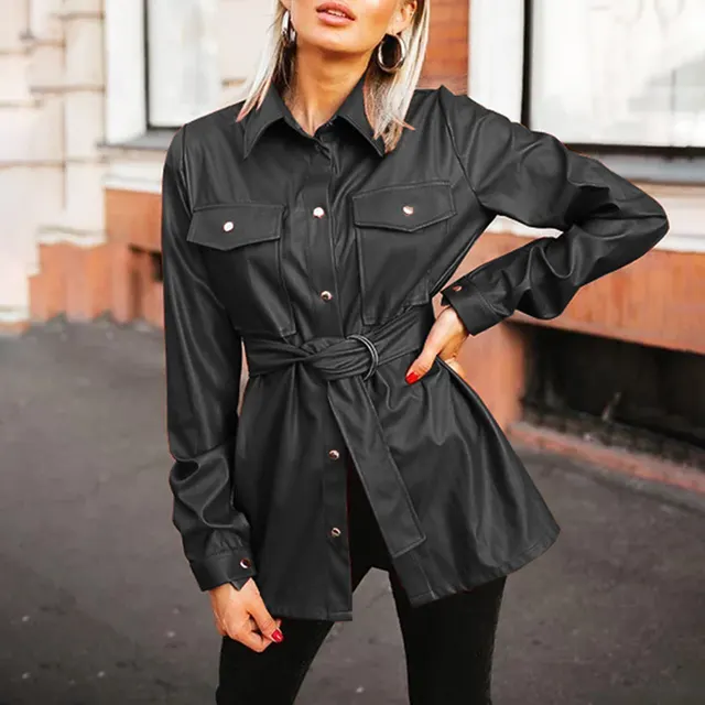 Fashion Womens Solid Color Casual Temperament Belt Pocket Lapel Leather Shirt Black - Shop at LoveMi