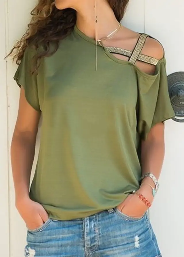 Women Skew Neck T Shirt Summer Irregular Criss Cross Short Sleeves Sexy Off Shoulder Solid Tops Blusa Femme One Shoulder Shirt Army Green - Shop at LoveMi