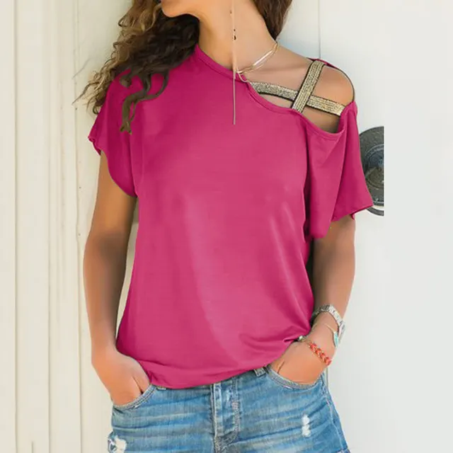 Women Skew Neck T Shirt Summer Irregular Criss Cross Short Sleeves Sexy Off Shoulder Solid Tops Blusa Femme One Shoulder Shirt Rose Red - Shop at LoveMi
