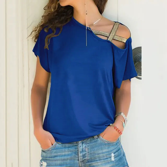 Women Skew Neck T Shirt Summer Irregular Criss Cross Short Sleeves Sexy Off Shoulder Solid Tops Blusa Femme One Shoulder Shirt Royal Blue - Shop at LoveMi