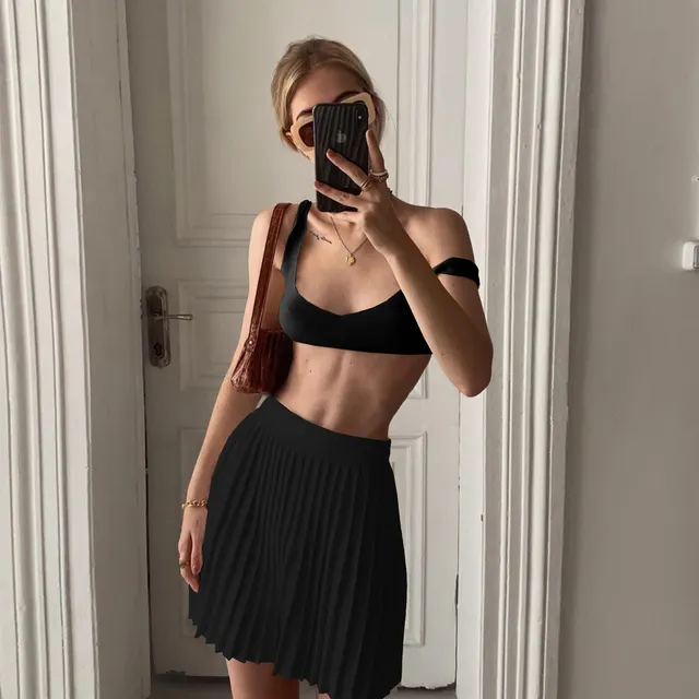 Spring And Summer Cross Border New Hot models Women's Woolen Bra pleated Skirt Suit Women Black - Shop at LoveMi