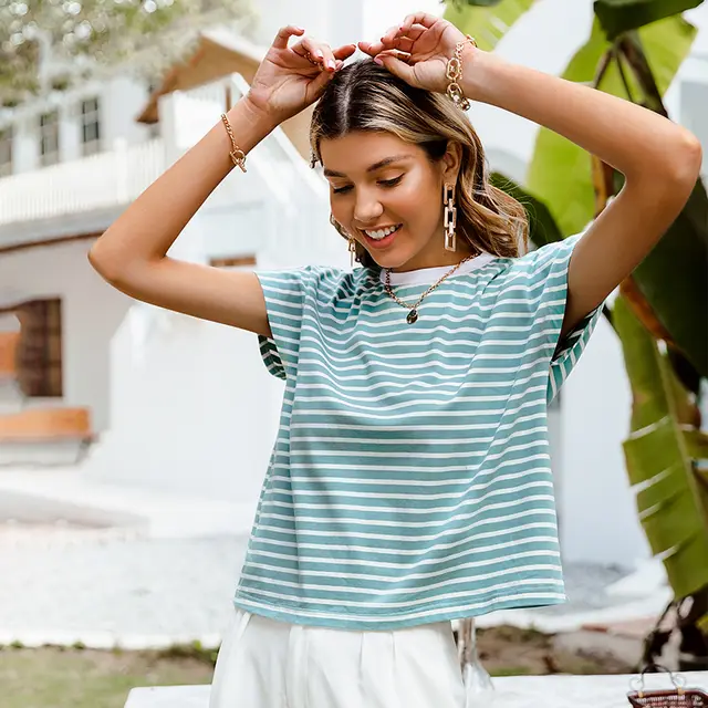Summer New Ladies Round Neck Striped T Shirt Casual All Match Short Sleeve - Shop at LoveMi