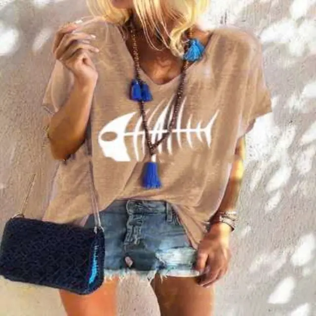 Women's Fashion Plus Size Loose Top Summer V Neck Short Sleeve Coffee - Shop at LoveMi