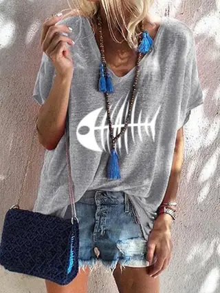 Women's Fashion Plus Size Loose Top Summer V Neck Short Sleeve - Grey