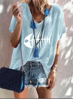 Women's Fashion Plus Size Loose Top Summer V Neck Short Sleeve - Light Blue