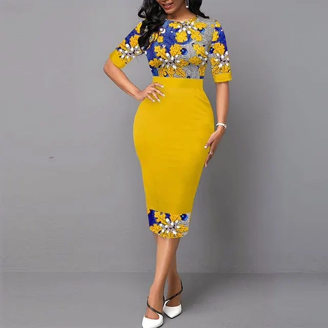 European And American Autumn Women'S Commuter Temperament Yellow Print Slim Mid Waist Pencil Dress Yellow - Shop at LoveMi