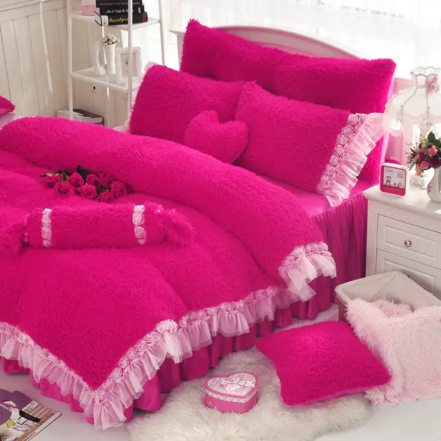 Cashmere Four Piece Short Hair Coral Fleece Warm Autumn And Winter Thick Lace Three Piece Suit 1.2m 1.8m On Bed Red - Shop at LoveMi