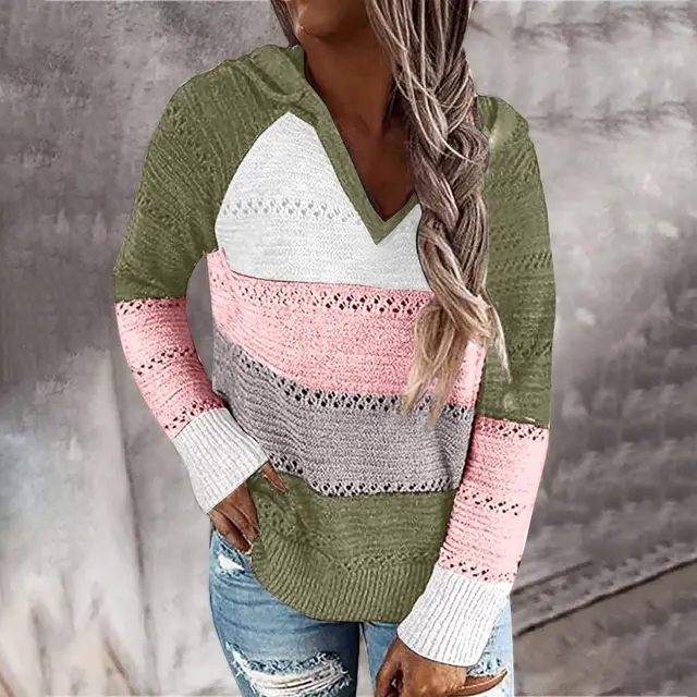 Sweaters Winter New Style Loose Striped Long Sleeved Wool Ladies Armygreen - Shop at LoveMi