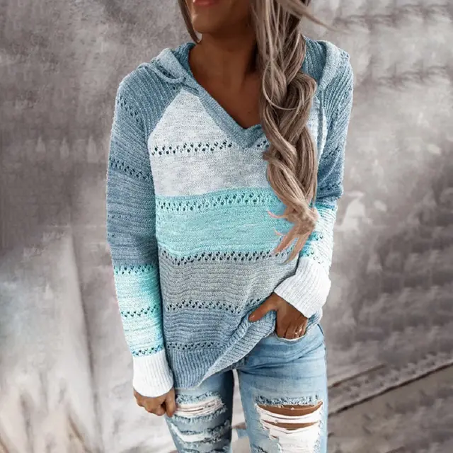 Sweaters Winter New Style Loose Striped Long Sleeved Wool Ladies Blue - Shop at LoveMi